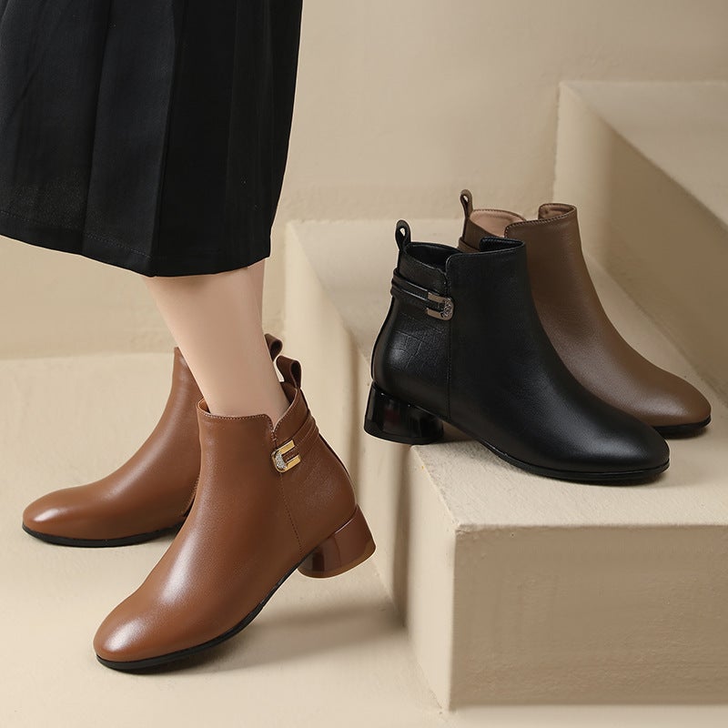 Round Toe Short Boots Women'S 2024 Fall/Winter New Headline Cowhide Thick-Heeled Soft-Soled Leather Boots Plus Size Mid-Heeled Cotton Boots Fashion Boots - Image 3